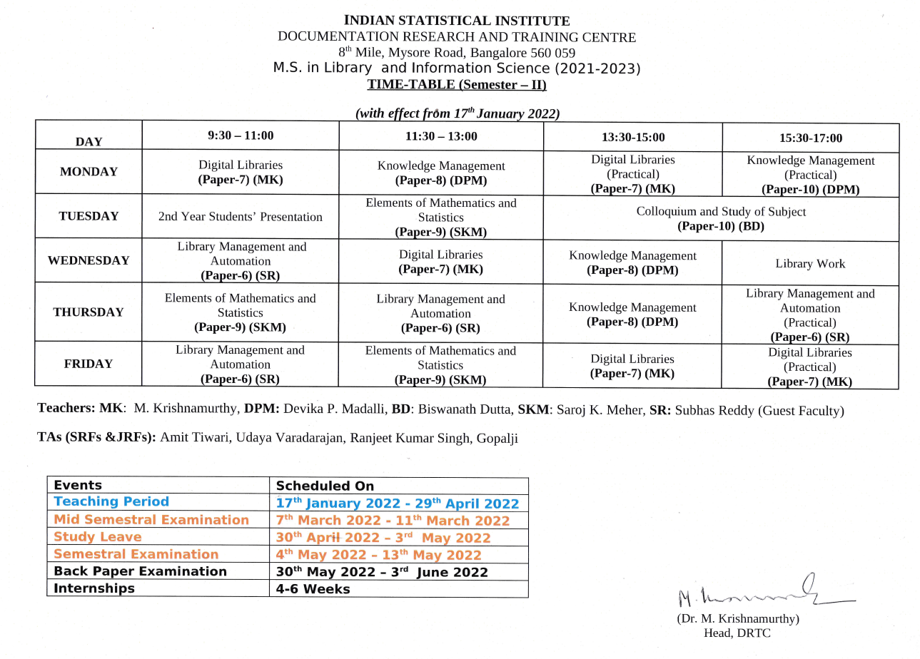 1st year Time Table